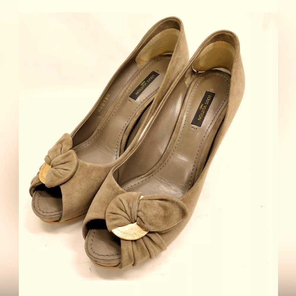 AUTH LOUIS VUITTON LV USED 37.5 SUEDE BROWN LEATHER PEEP TOE PUMPS HEELS SHOES